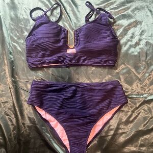 Deep Blue High Waisted Textured Bikini Swim Suit